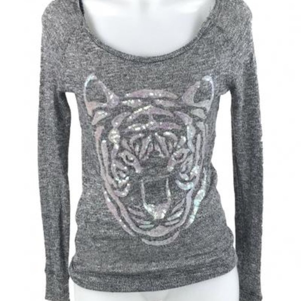Live Love Dream by Aeropostale Metallic Sequin Tiger Gray Long Sleeve Sweater